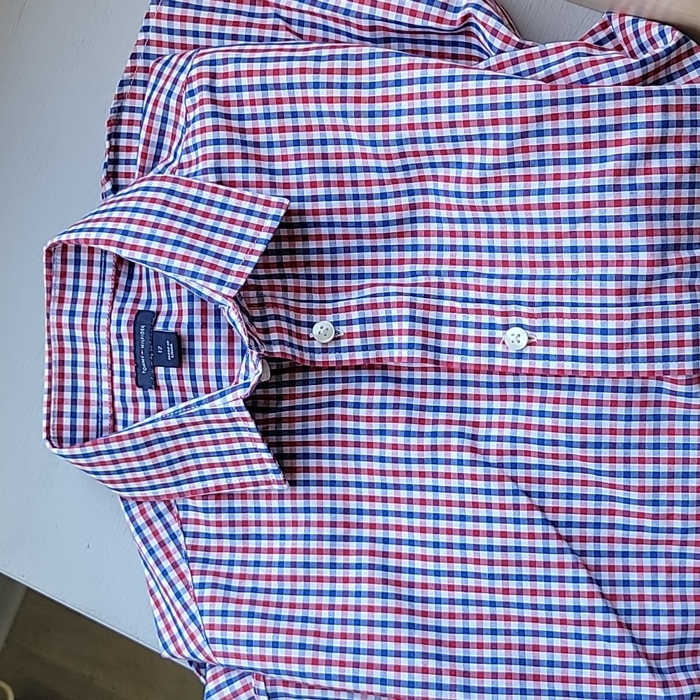 Tommy Hilfiger red, white, blue boy's size 12 long-sleeve shirt with buttons